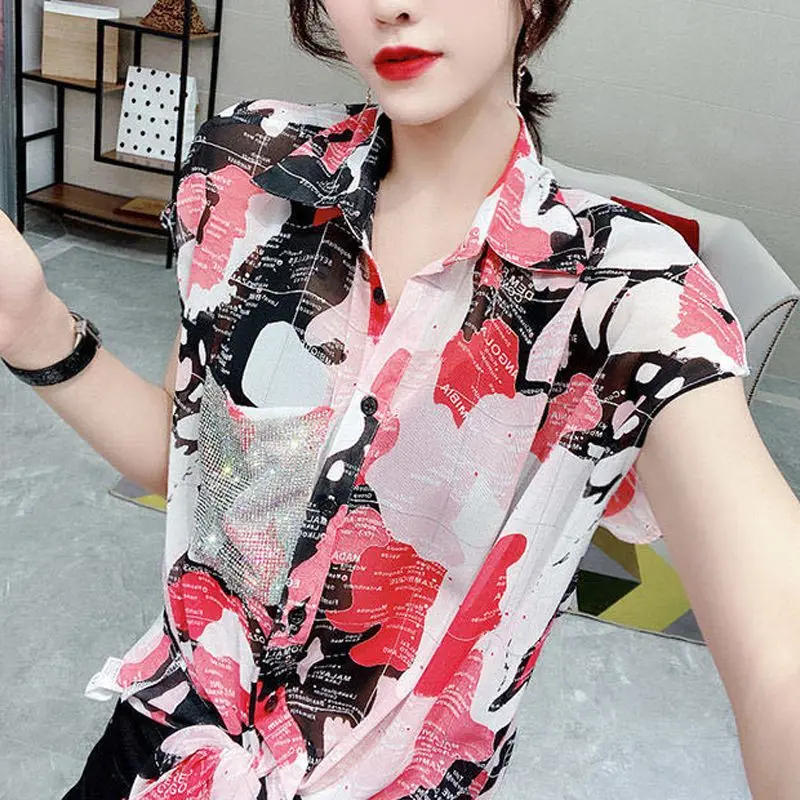 Female Clothing Fashion Pockets Diamonds Blouse Streetwear Summer Turn-down Collar Commute Casual Single-breasted Bandage Shirt