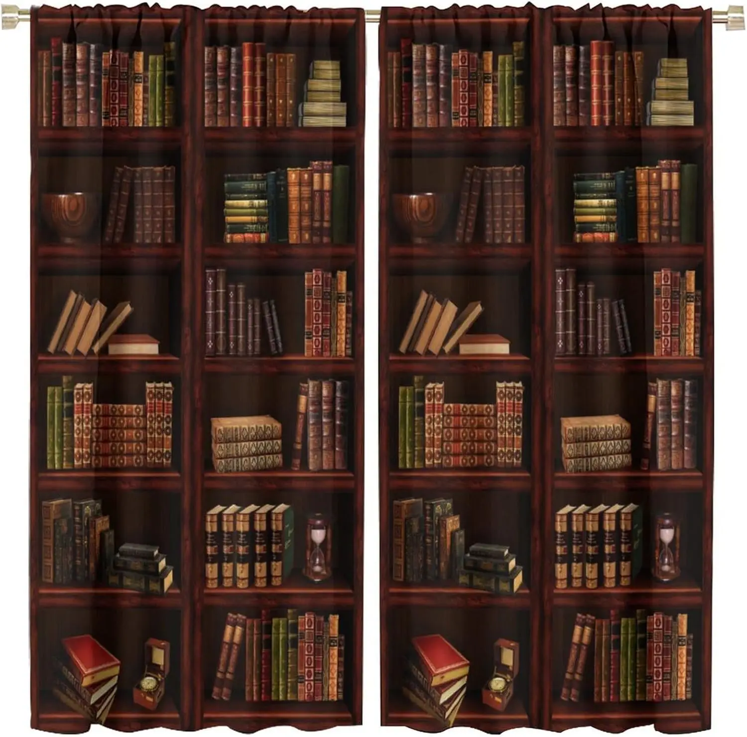 Bookshelf Curtains, Retro Wood Antique Bookshelf Book Lover Library Learning Education Bookcase Print Pocket Window Treatments