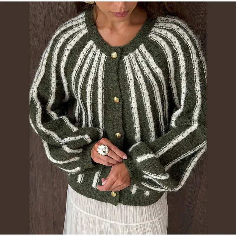 Damen-Strickwaren, gestreift, mit einzelnen Knopfleisten, gestrickte Strickjacke, Herbst, Damen, Rundhalsausschnitt, lange Ärmel, lockere Strickjacken, neue Streetwear – Detail 9