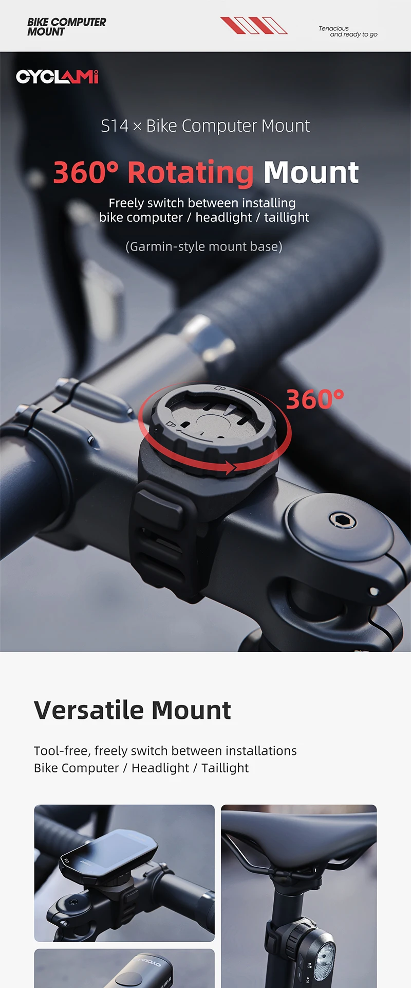 360 ° Drehbare Halterung Universelle Fahrradcomputer-Halterung Mountainbike Straßenfahrrad Scheinwerferhalter Halterung Rücklichthalterung CYCLAMI S14 – Detail 1