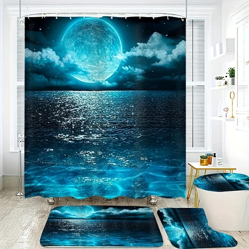 4-Piece Moonlit Ocean Bath Set: Full Moon, Clouds, and Starry Night Sky - Includes 12 Free Hooks - Durable Polyester Fabric - Su