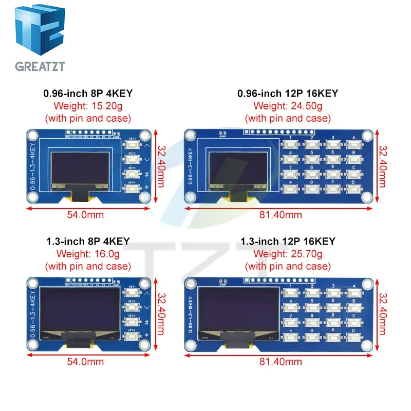 GREATZT 0.96/1.3 inch I2C OLED Display Driver SH1116/SH1315 with 1x4/4x4 keyboard Display Module screen module