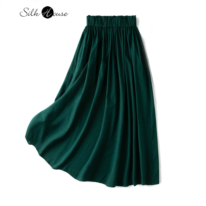 

2023 Women's Fashion New Style Flower Bud Waist Handheld Pocket Large Swing Green Elastic Waist Natural Silk and Cotton Skirt