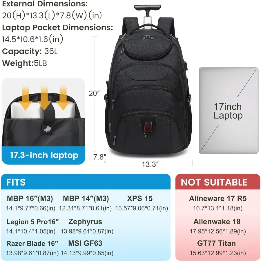 Boavan Rollrucksack, 17 Zoll, wasserabweisender Rucksack mit Rollen, Handgepäck, Business-Tasche, Übernachtungs-College-Computerwagen