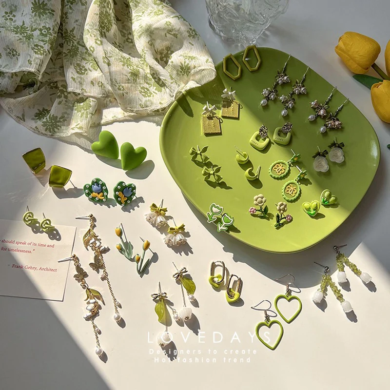 Summer Green Earrings Collection Girl Sweet Flowers Heart Stud Earrings 2022 New Trendy