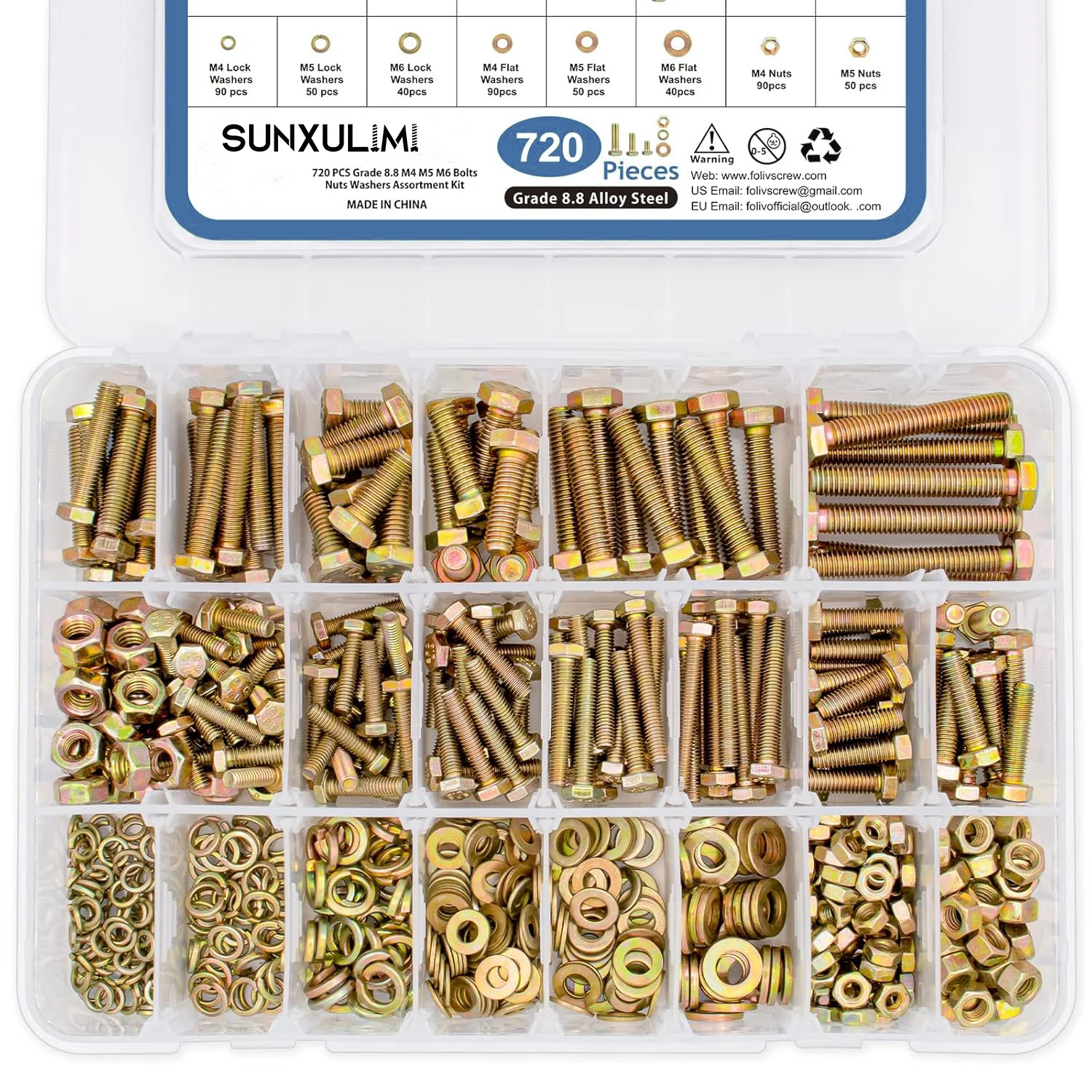 

Набор метрических болтов из 720 предметов, класс прочности 8.8, M4 M5 M6, усиленный комплект метрических гаек и болтов, оцинкованный желтым цинком