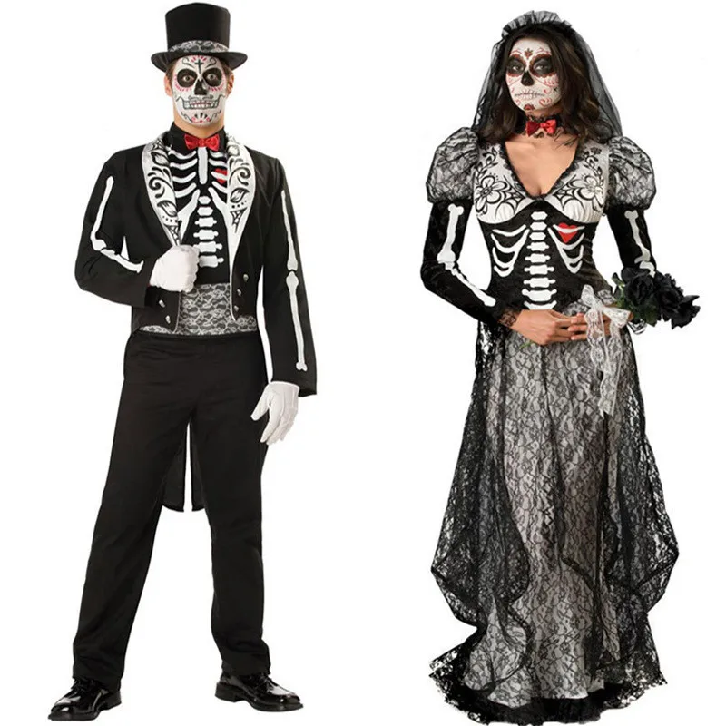 Halloween Party Mexican Day of The Dead  Horror Skeleton Ghosts Bride Dress Women Scary Skull Vampire Zombie Cosplay Costume