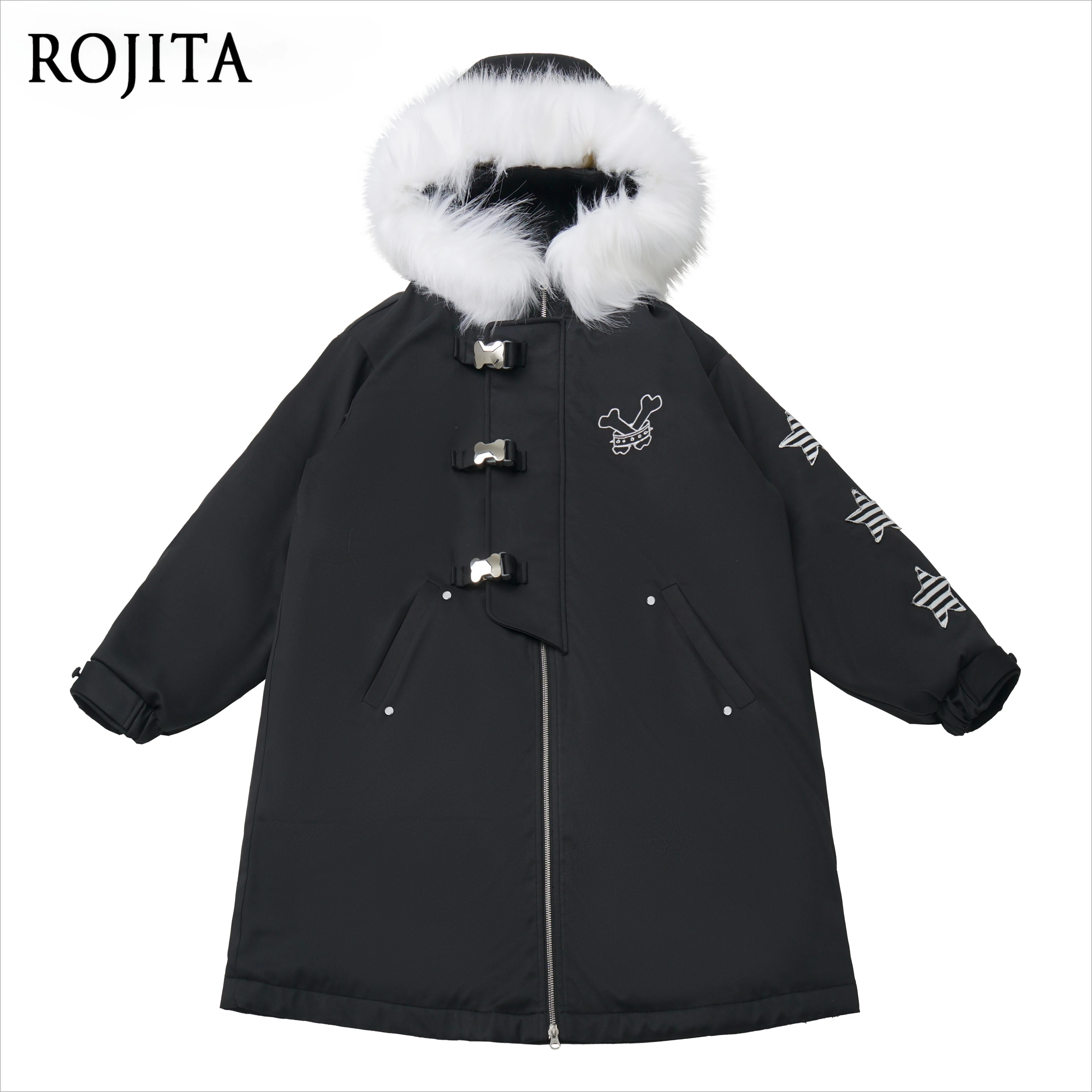 Black Fleece-Lined Parka with Faux Fur Collar High-End Mid-Length Parka with Star Patches Women Winter Thickened Parka Coat