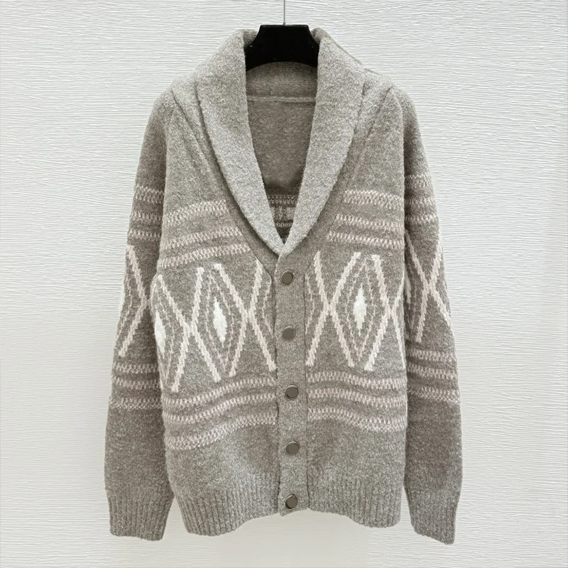 

Высококачественный женский кардиган с зеленым воротником в стиле ретро Fel Island с ромбовидным узором и цветочной текстурой 251102150