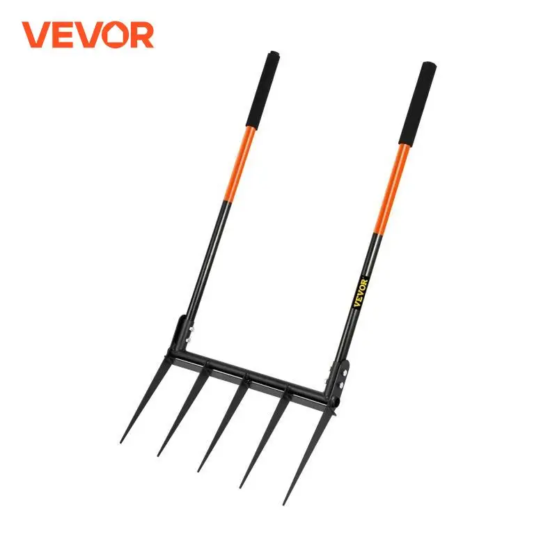 VEVOR Broad Fork Tool 5-6 Tines Hand Tiller Broadfork Cultivation Tool Wide Fork 43.3in 45.3in Fiberglass Handle Garden Tool