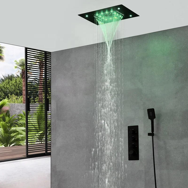 Bathroom Smart Ducha Set Luxury Bath Shower Head Led Lights Black Waterfall Rain Shower System/ Hand Shower