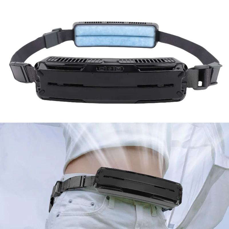 Ventilatore portatile indossabile ricaricabile tramite USB Cintura di raffreddamento da viaggio con vento forte per sport all'aria aperta e lavoro Nero/Bianco