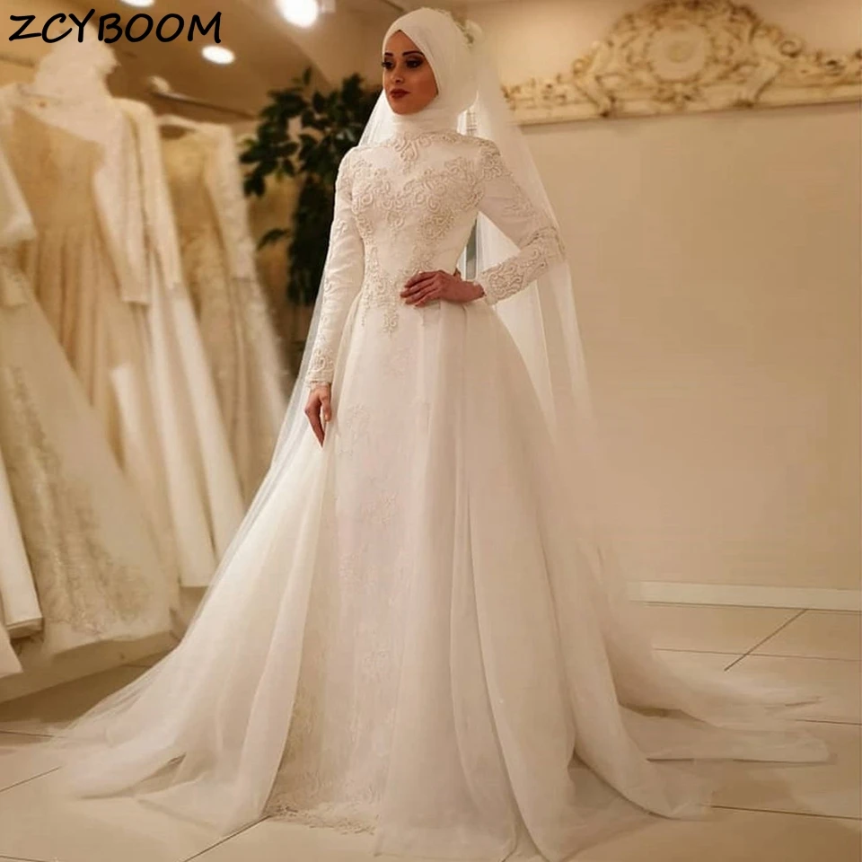 

2023 White/Ivory Women A-Line Wedding Dresses Muslim Arabic Lace Appliques Bridal Gowns Elegant Long Sleeves Vestidos De Novia