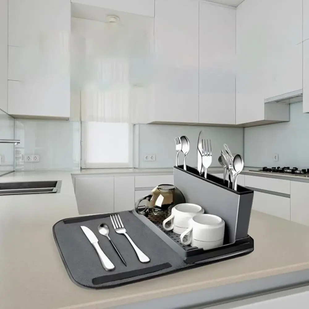 

Коврик для сушки посуды 4 в 1, складной утолщенный кухонный изолированный коврик, нескользящий с держателем для столовых приборов, сушилка для посуды, столешница