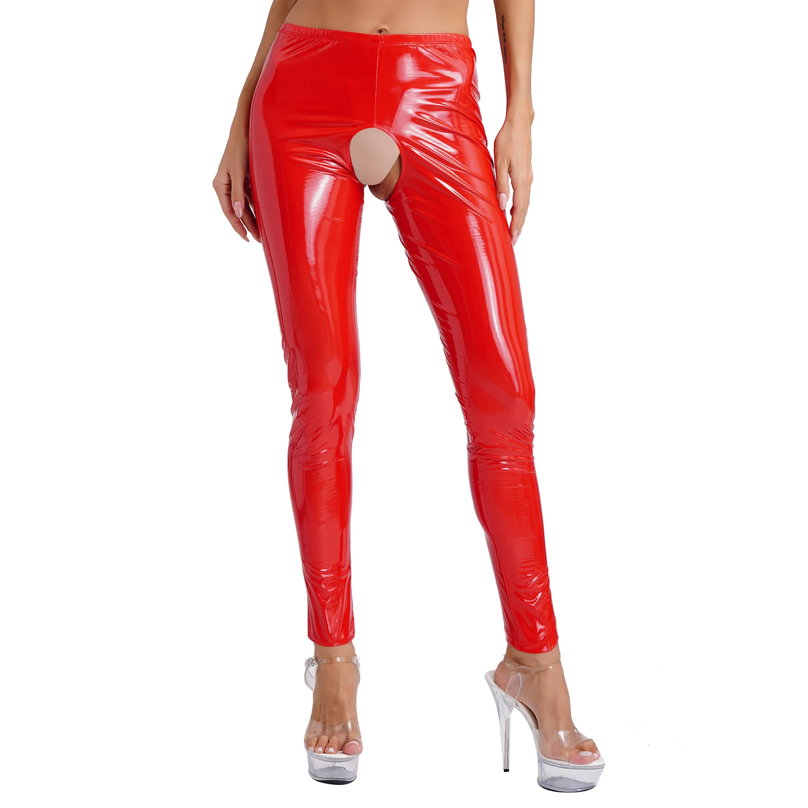 

Womens Wet Look Leggings Open Crotch Latex Leather Trousers Sexy Crotchless Tights Long Pants Sexy Lingerie Clubwear Rave Party