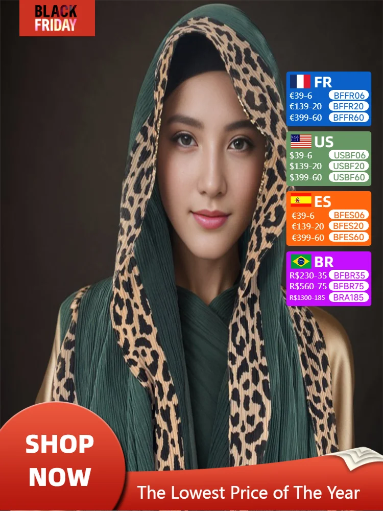 Muslim Hijabs Women Wrinkle Leopard Headband Solid Color Turban Scarf New Headscarf Islamic Arab Headscarf