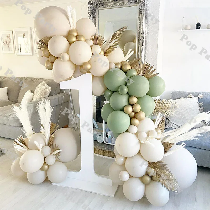 

77pcs Baptism Sand White Balloon Arch Kit Baby Shower Gold Sage Green Balloons Garland DIY Birthday Party Decoration Background