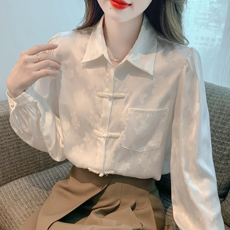 Dropshipping Females Chiffon Blouses for Women Clothing Fashion Elegant Puff Sleeves Tops Long Sleeve Solid Office Lady Spliced