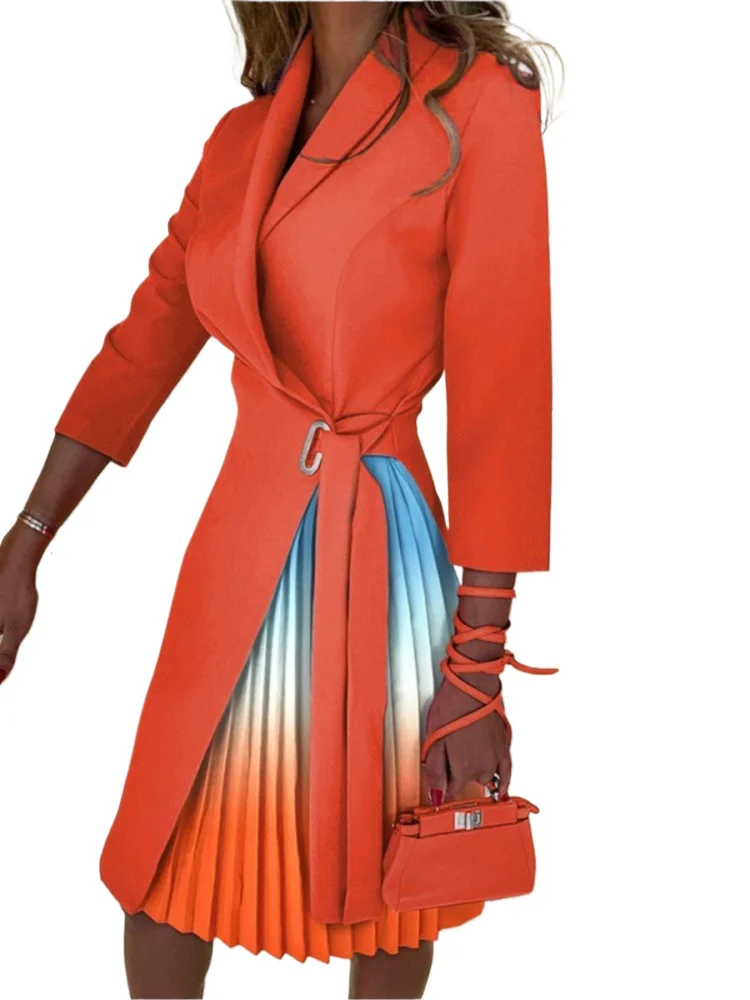 

2025 Women's Mid To Long Sleeved Spring Autumn Sexy V-neck Fashion Pile Up Collar Tie Waist Pleated Casual Office Dress