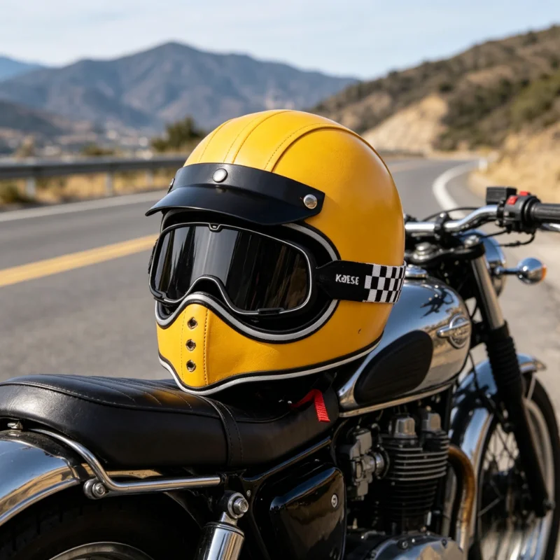 Vintage Style Yellow Leather Motorcycles Full Helmet with Free Goggles Washable Replaceable Inner Lining All Season Use Strong E