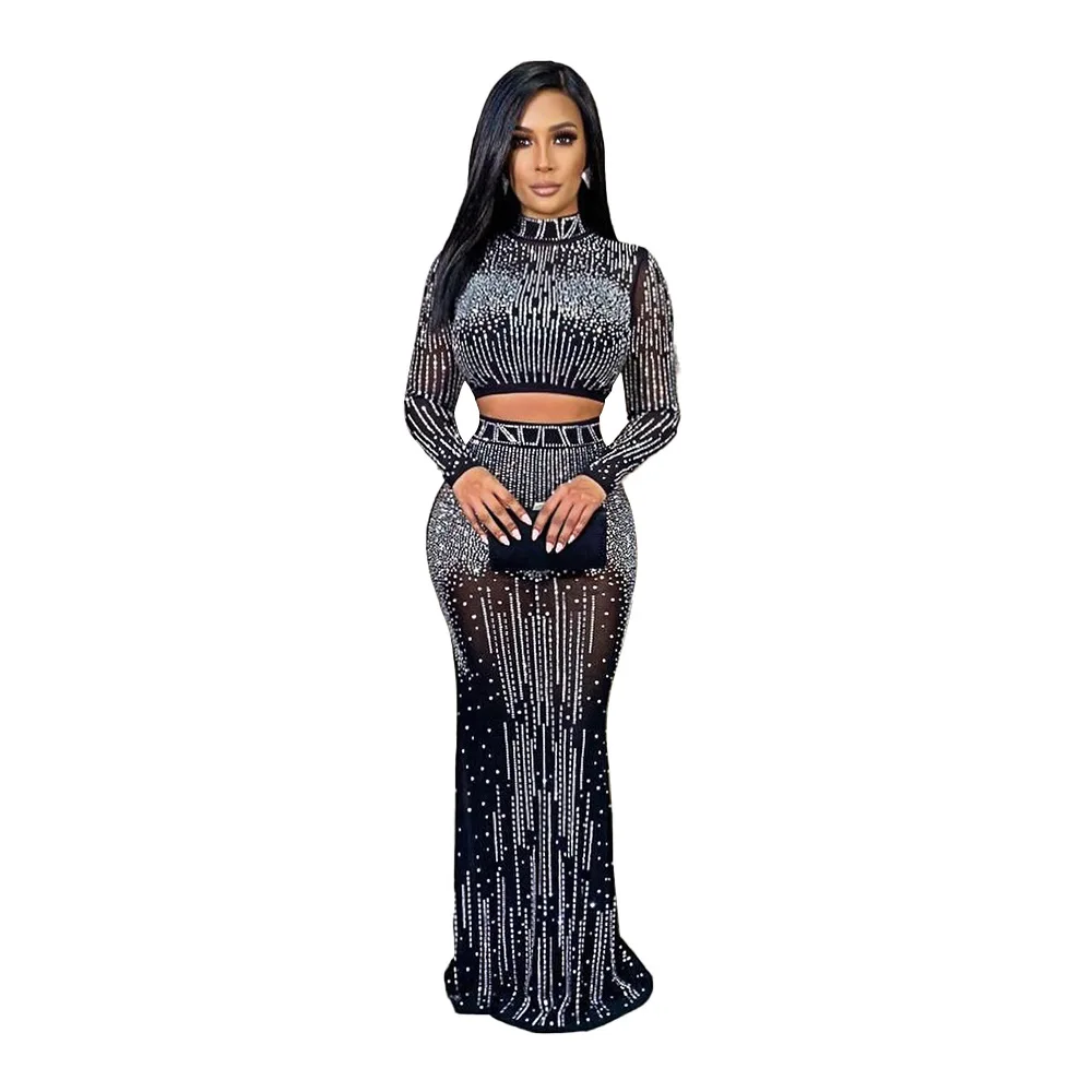 

2023 Women Sexy Mesh Hot Drilling See Through Skirt Set Crystal Long Sleeve Top And Maxi Skirt Suits Clubwear Outfits