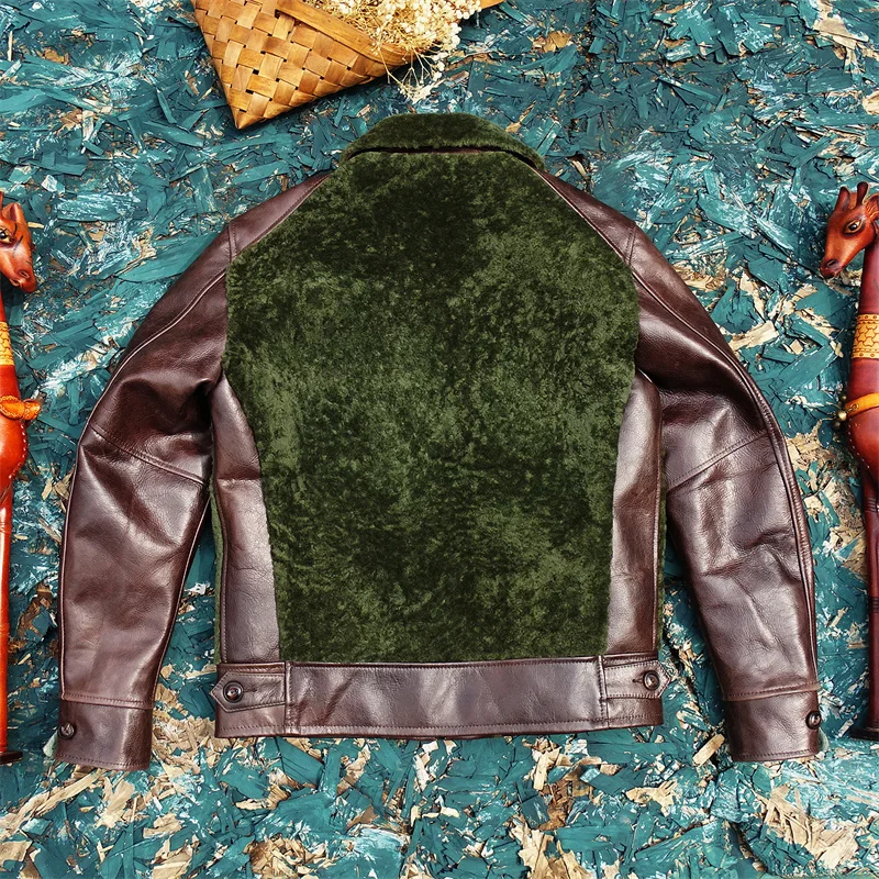 

een Bear Sle! Eco-friendly eepskin Leather Jaet Warmth Model One-piece Oil Wax Cowhide Genuine Leather Coat