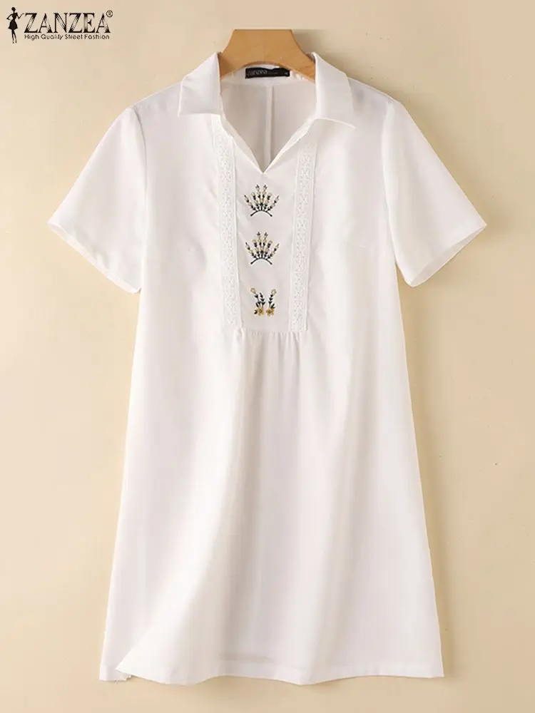 ZANZEA-Mini vestido bordado feminino, robe de manga curta, colarinho de lapela, vestidos de renda coreana, moda casual, verão, 2024