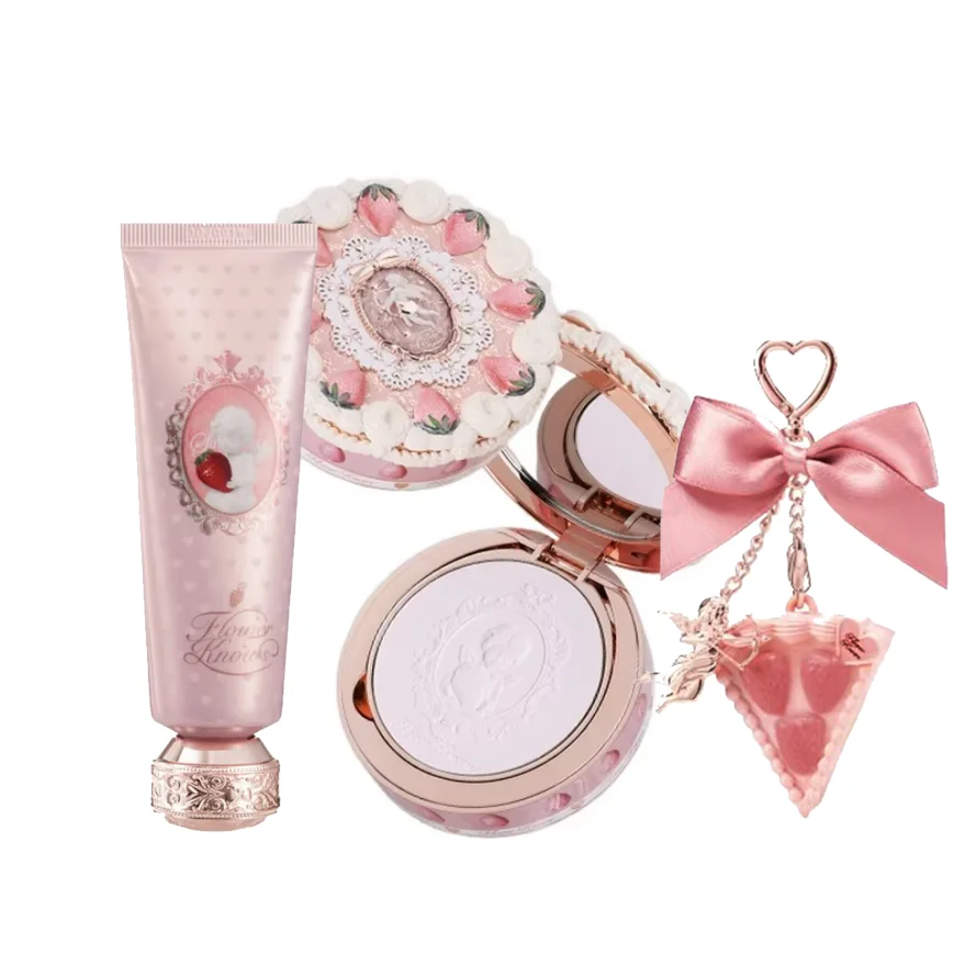 Flor sabe conjuntos de morango cupido cobertura completa fundação em pó compacto sólido perfume creme para as mãos presentes conjunto para mulher