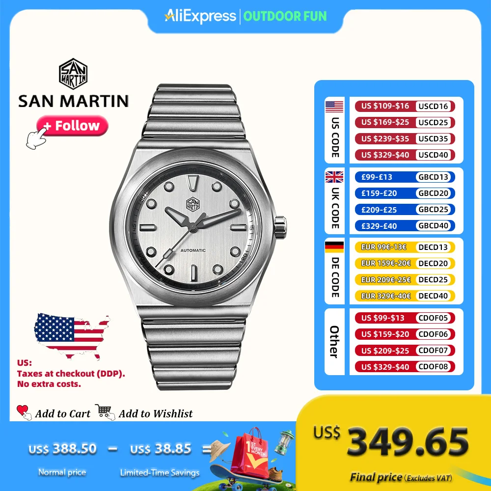 

San Martin SN0149 40mm Men Sport Watch Miyota 90S5 Automatic Integrated Bracelet Luxury Vertical Brushed Dial Mechanical Watches