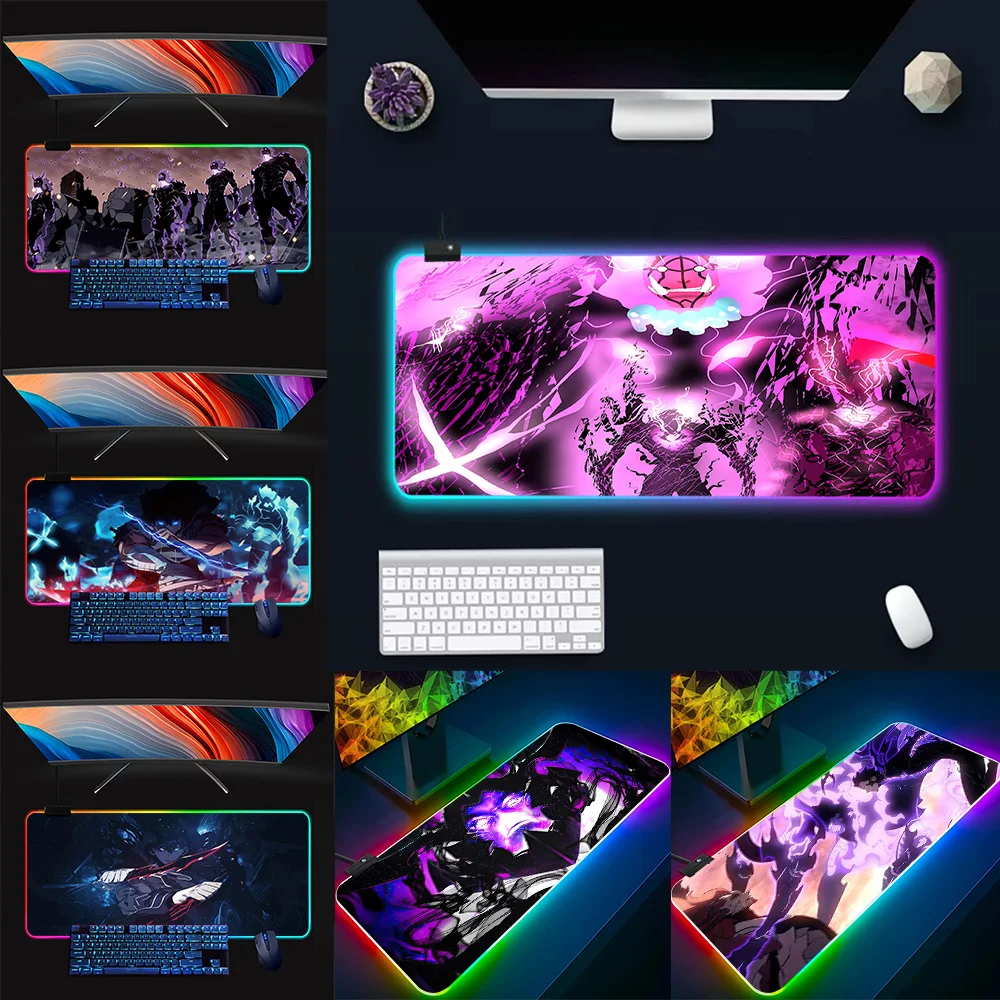 S-Solo L-Leveling RGB Pc Gamer Keyboard Mouse Pad Mousepad LED Glowing Mouse Mats Rubber Gaming Computer Mausepad