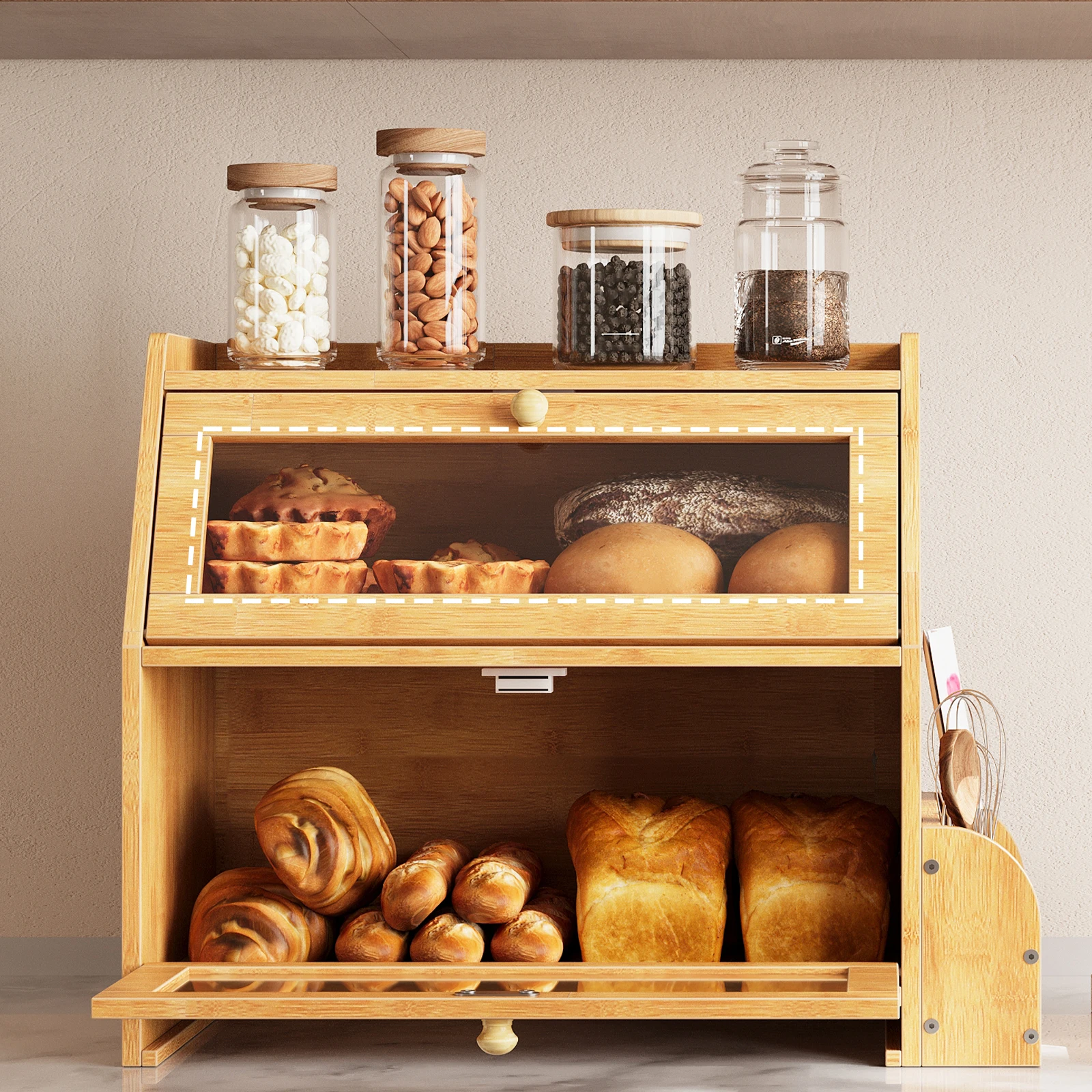 Caja de Pan de Bambú de 2 Niveles con Puertas de Acrílico, Tabla de Cortar, Porta Cubiertos, Contenedor para Almacenar Pan para Cocina o Comedor