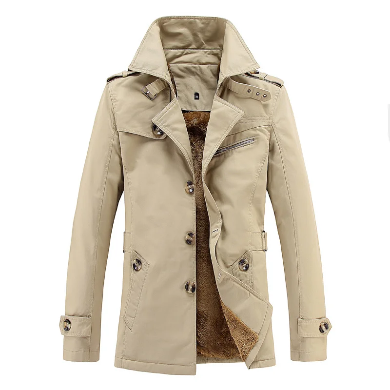 Men's Winter Fleece Lined Trench Coat Thickened Warm British Style Jacket Casual Button Front Outerwear with Pockets