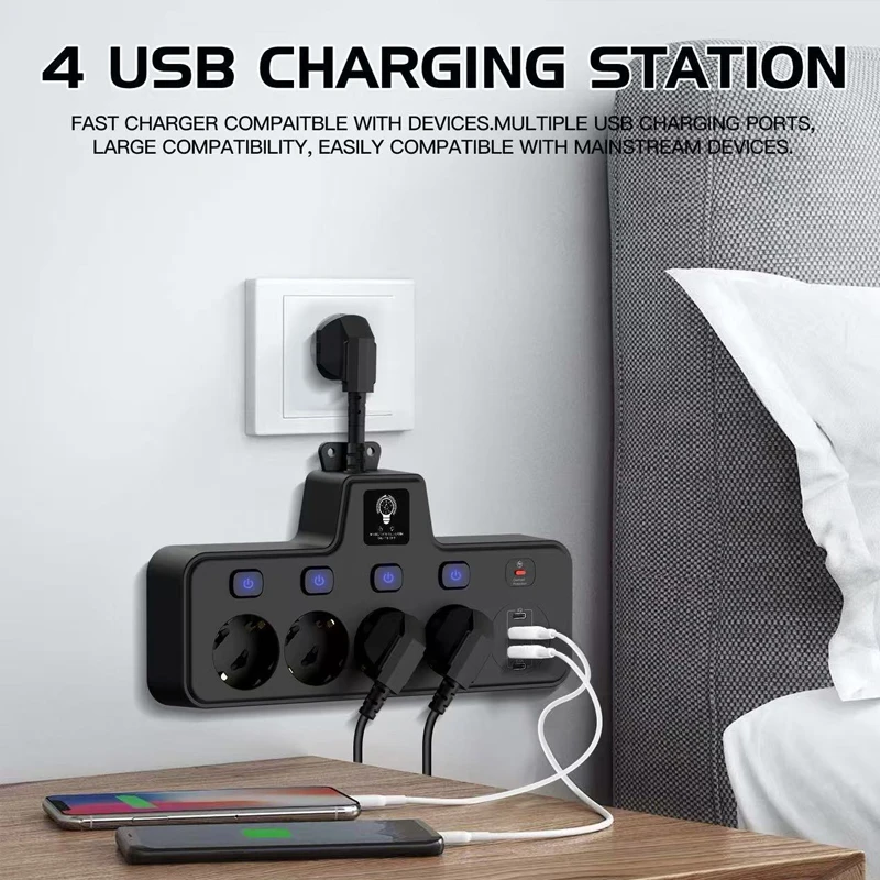 EU Plug Power Strip 4 AC Outlet Socket Desktop 2 USB-A 2 Type-C Separate Switch Adapter For Home Power Strip Socket, Night Light