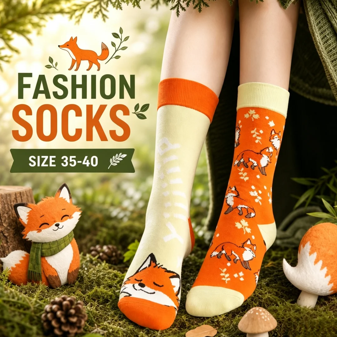 1 pair of fox-patterned socks – mid-length, asymmetrical-cut cotton socks suitable for both men and women