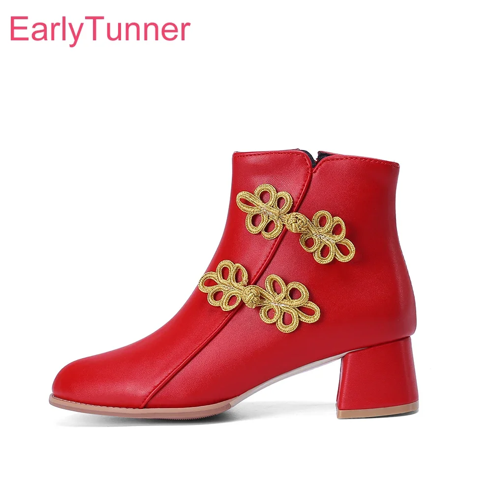 

New Spring Fashion Red Black Ankle Boots for Women Round Toe Med Square Heel Lady Dress Shoes Plus Big Size 14 44 46 48 52