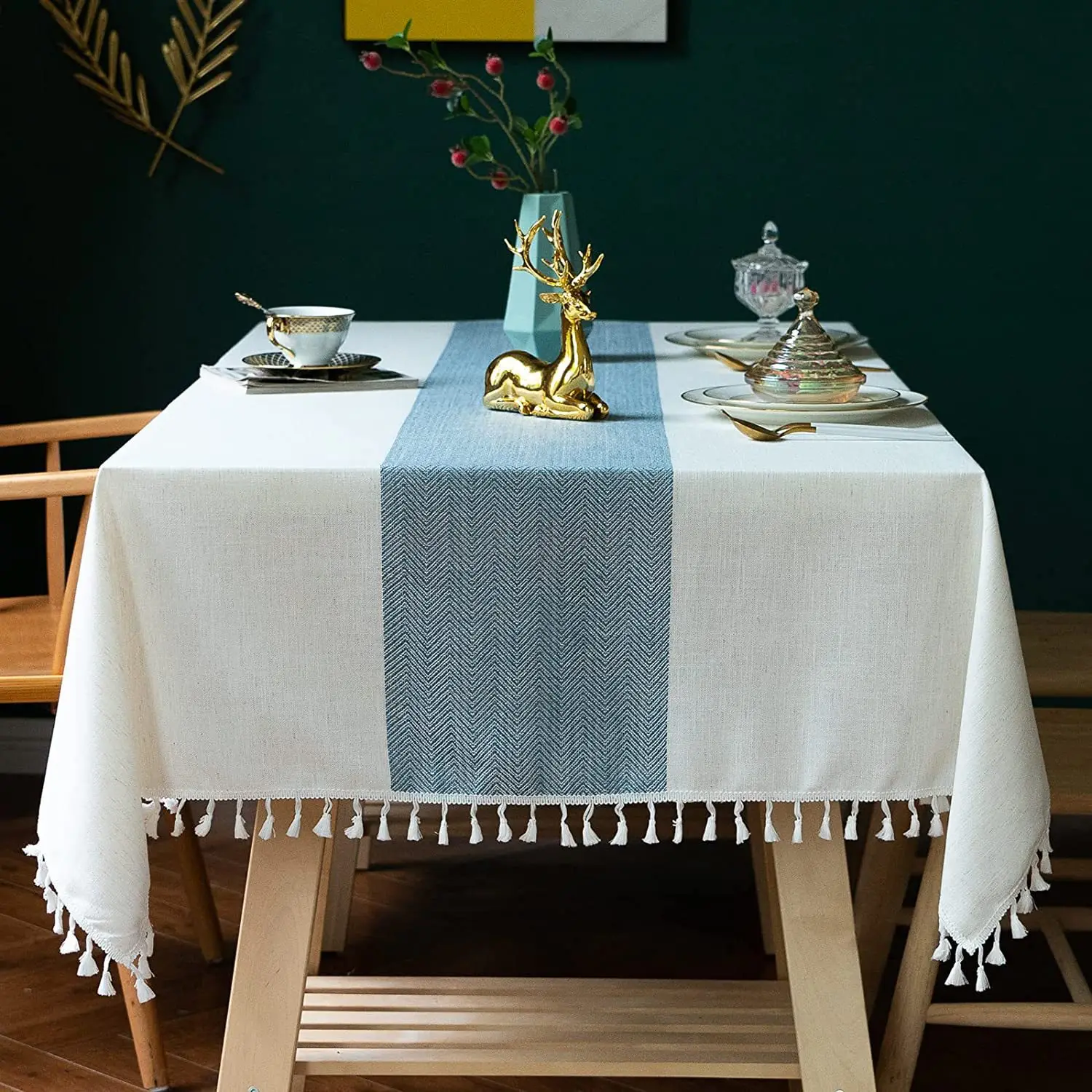 

Cotton and Linen European and American Stripes with Tassels Dining Table Cloth Living Room Tea Table Tablecloth Tea Tablecloth