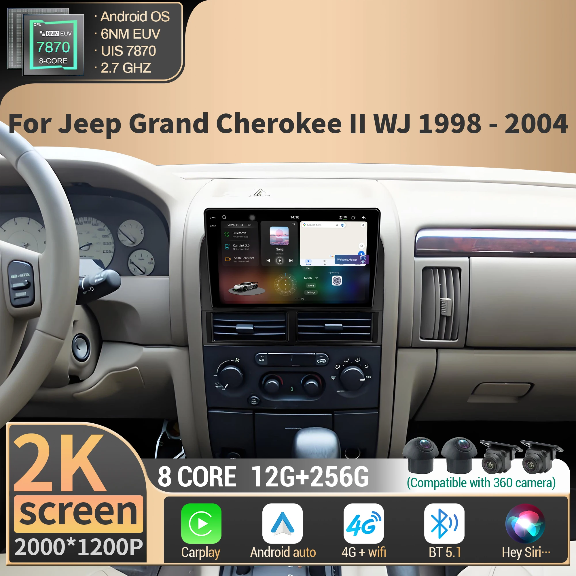 

For Jeep Grand Cherokee II WJ 1998 1999 2000-2004 Android Auto Car Radio Multimedia GPS BT Carplay 4G CPU 7870 2K QLED Screen