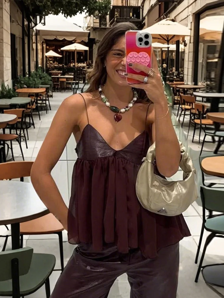 

PU Leather Tank Top Women Fashion Sleeveless Backless V Neck Loose Vest Female 2025 Vintage Spring Summer High Street Lady Camis