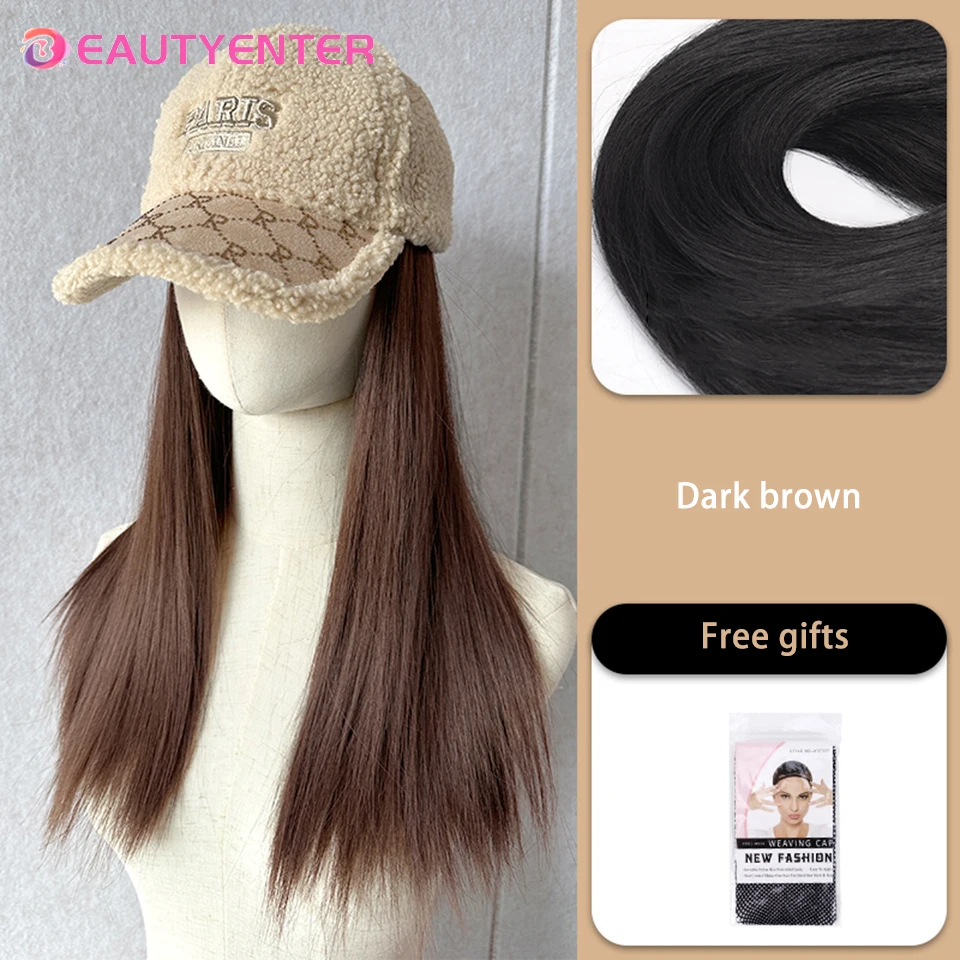 Hat Wig Hat With Hair Wigs For Women Synthetic Beige lamb down duck tongue cap with long straight Wig Heat Resistant