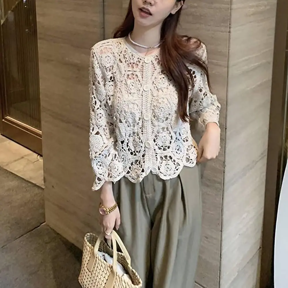 Fashion 3/4 Sleeves Knitted Shrug Hollow Boho Style Crochet Cardigan Lace Cardigan Women