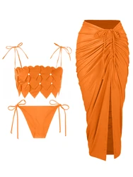 Conjunto de Bikini con diseño de corazón de melocotón para mujer, traje de baño a la moda, Color liso, vestido Midi, novedad de verano, 2023