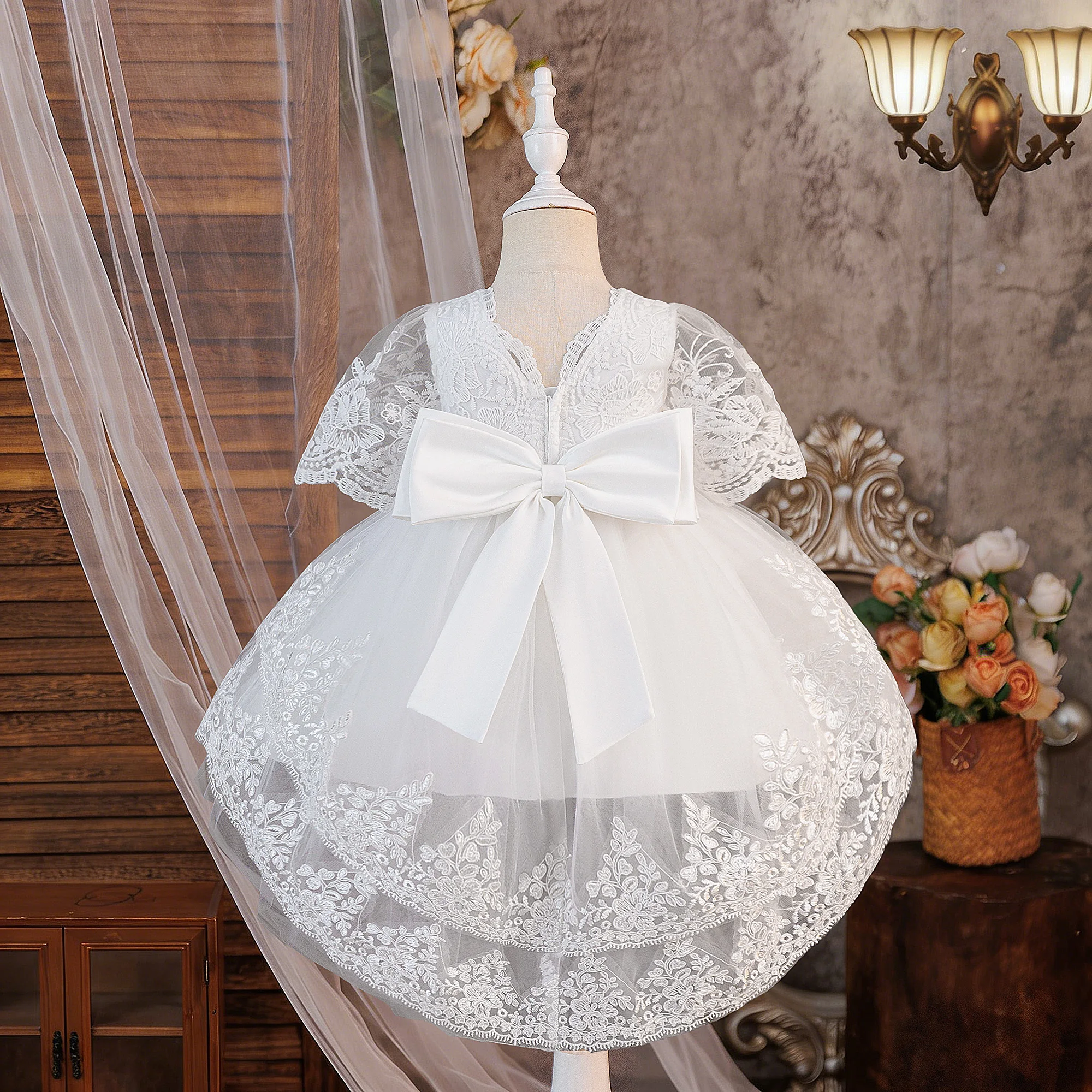 Toddler Baptism Bridesmaid Baby Girls Dress Bow 1st Birthday Wedding Party Princess Dresses for Girl Tulle Christening Prom Gown