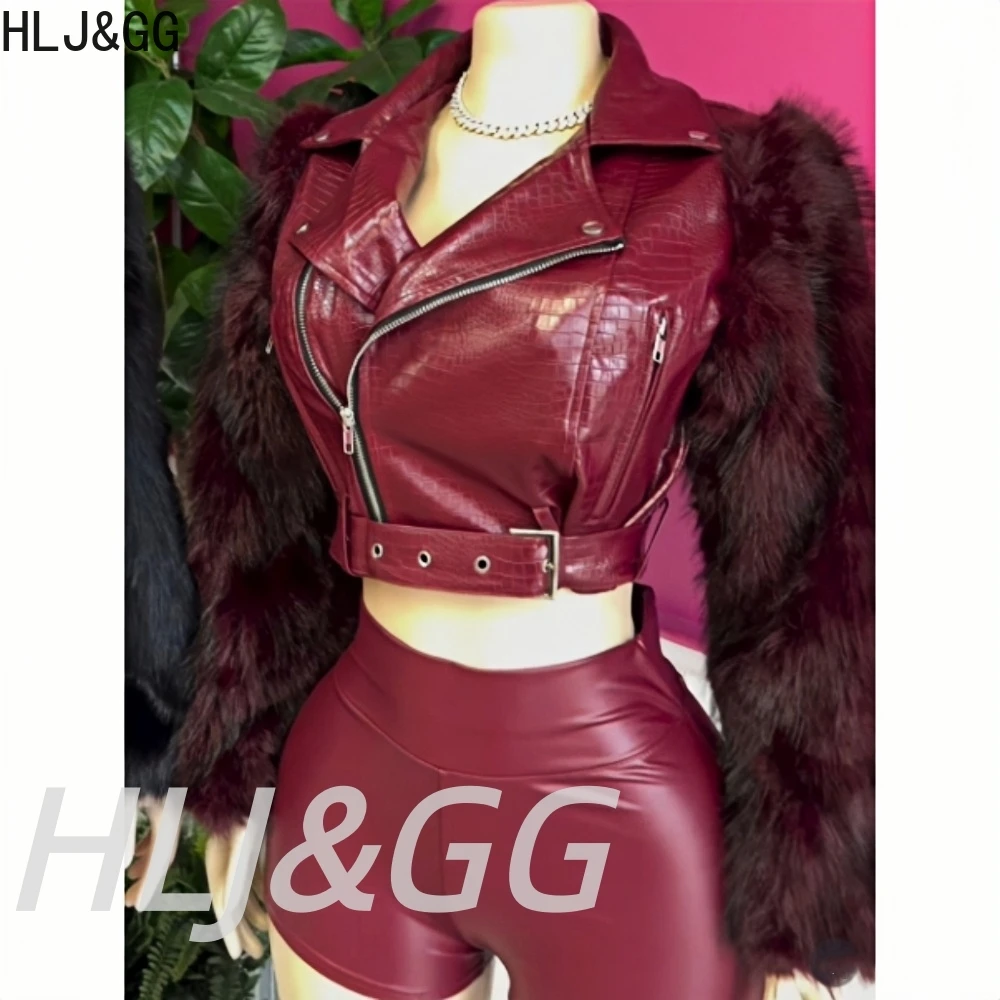 HLJ&GG Trend Fashion Fur Patchwork Leather Jacket  Two Piece Sets Women Long Sleeve Coat And Shorts Outfit Y2K Female Streetwear