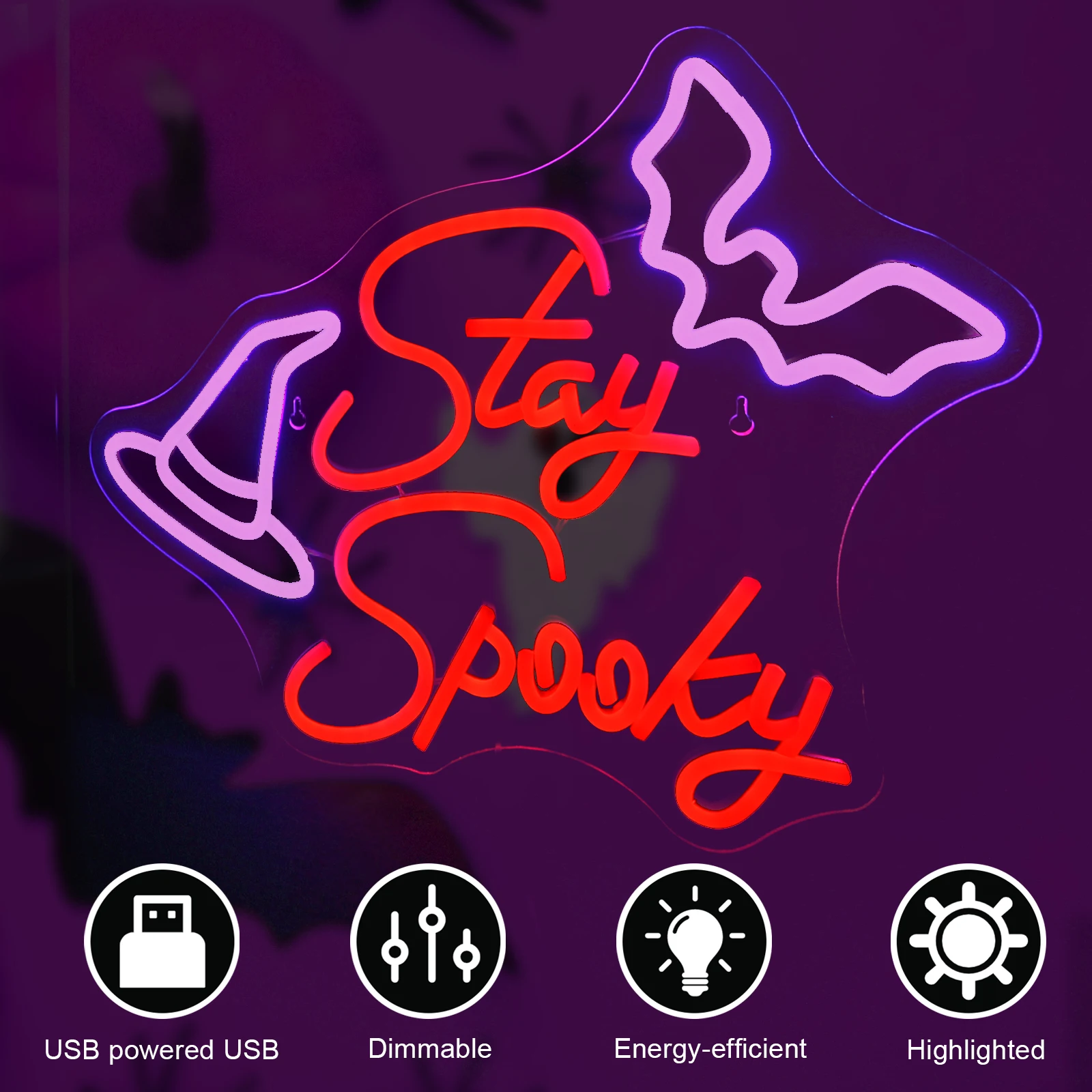 Stay Spooky Neon Signs LED Lights, Halloween Home Party Room Decoration, Bedroom Wall Decor, USB 62 Neon Lamp Art Sign