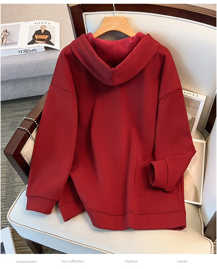 175Kg Plus Size Women's Bust 170 Autumn Winter Loose Fleece Cardigan Hooded Jacket Black Wine Red 5XL 6XL 7XL 8XL 9XL 175KG