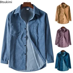 2026 Men's Casual Shirts Jacket Solid Corduroy Long sleeved Thickened Shirts Male Double Pocket Lapel Shirt Coats for Men Tops