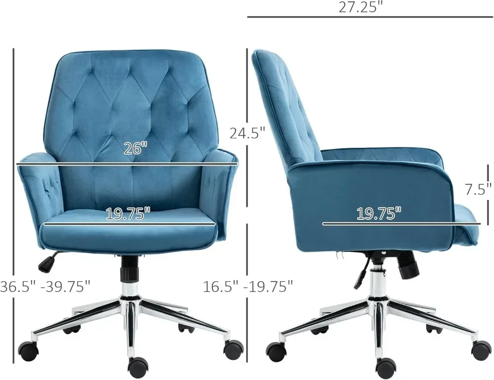 /Velvet Home Office Chair, Tufted Height Adjustable Computer Desk Chair with Swivel Wheels and Padded Armrests,Blueand Light Gr