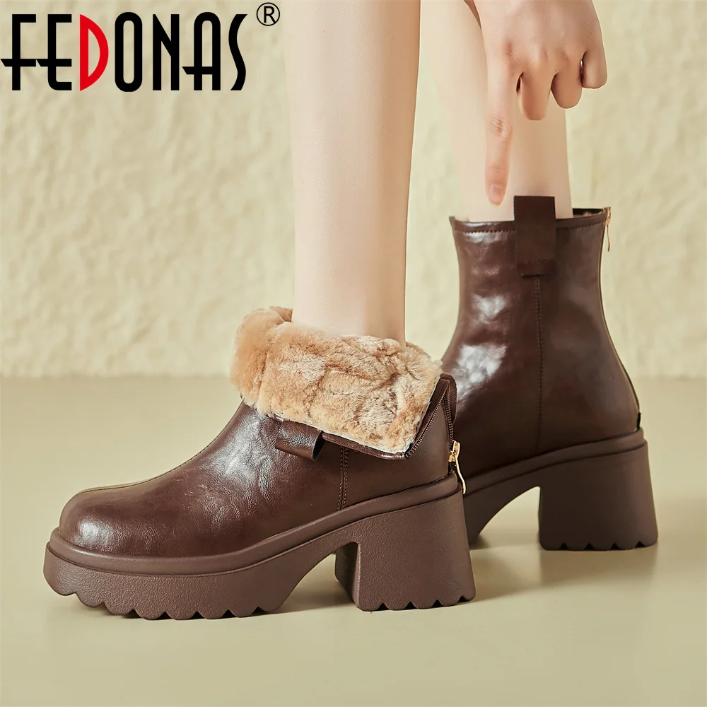 FEDONAS Basic Women Genuine Leather Ankle Boots High Heeled Platforms Short Shoes Wool Inside Winter Snow Boots Round Toe Boots