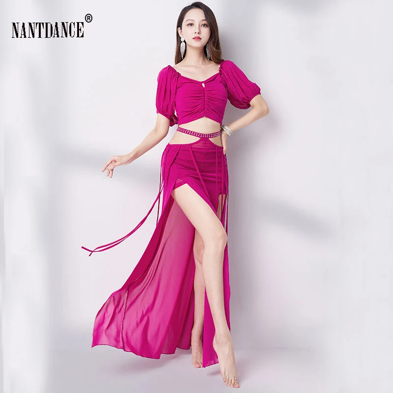 Belly Dance Practice Suit for Women Half Sleeves Top+Long Dress Set Beginner Oriental Dance Suit Performance Team Suit Girl