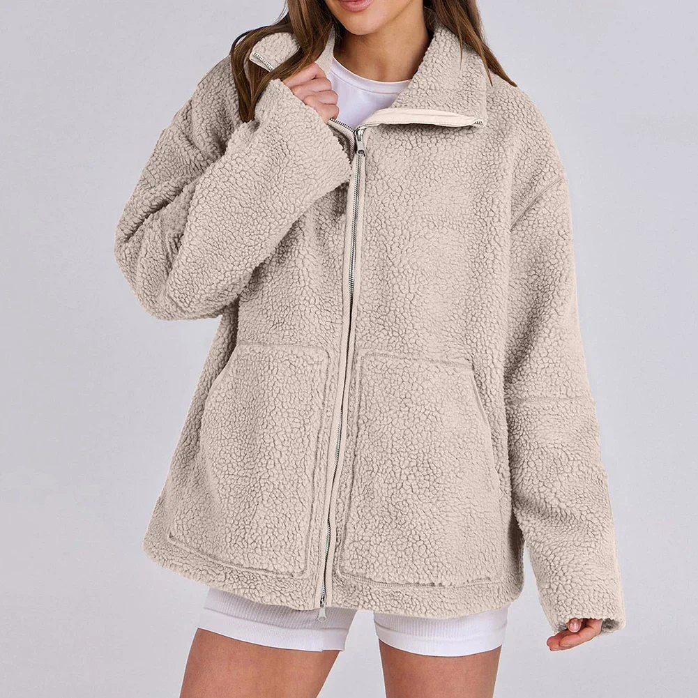 All Season Wear Lambswool Plush Coat Casual Woolen Outerwear Solid Color Design Warm Woolen Fabric Available In Sizes S-2XL